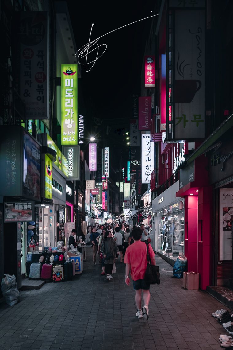 a busy shopping street in the Myeong-dong neighbourhood