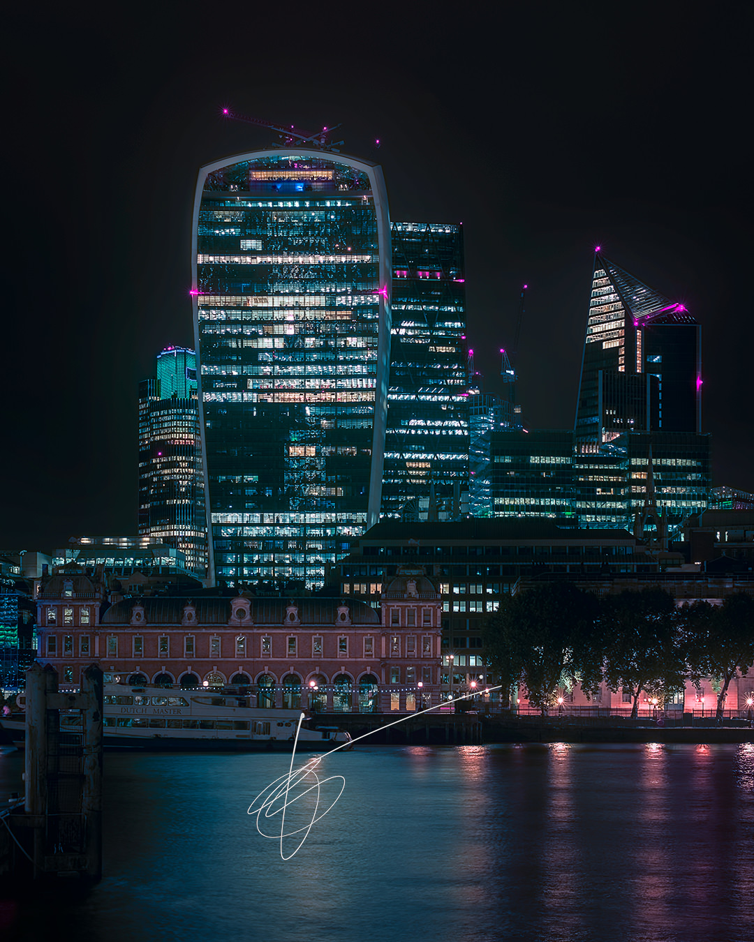 A night view of the City of London and its skyscrapers