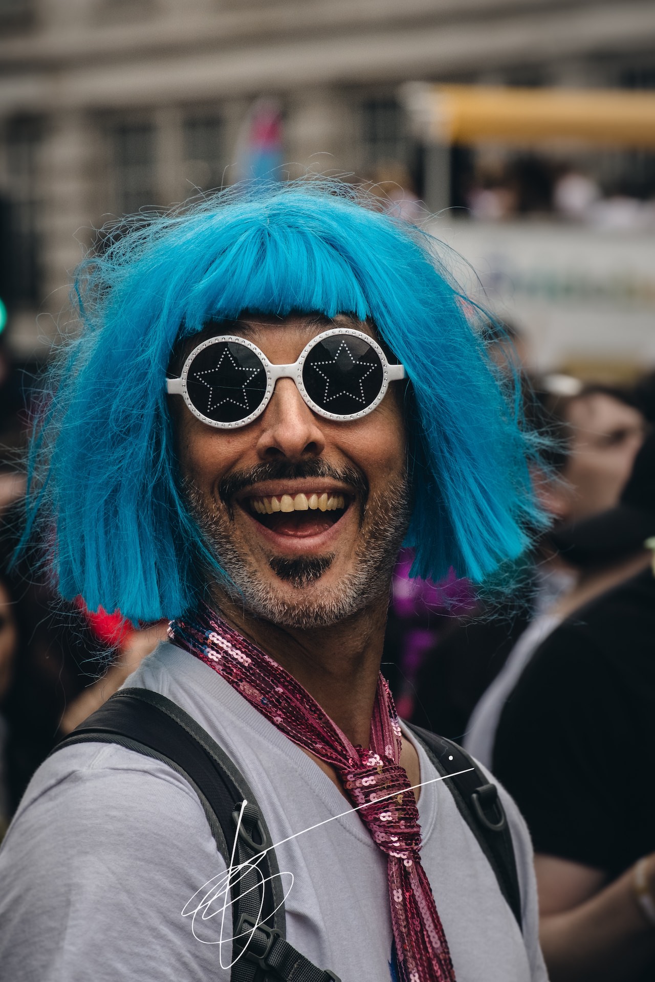 London Pride 2019 - man with blue wig and star glasses