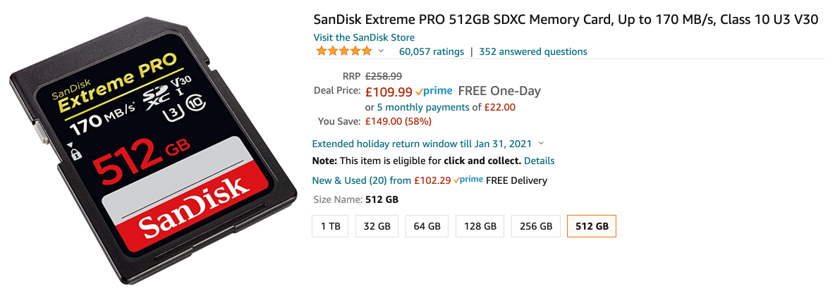 Sandisk SD card on Amazon