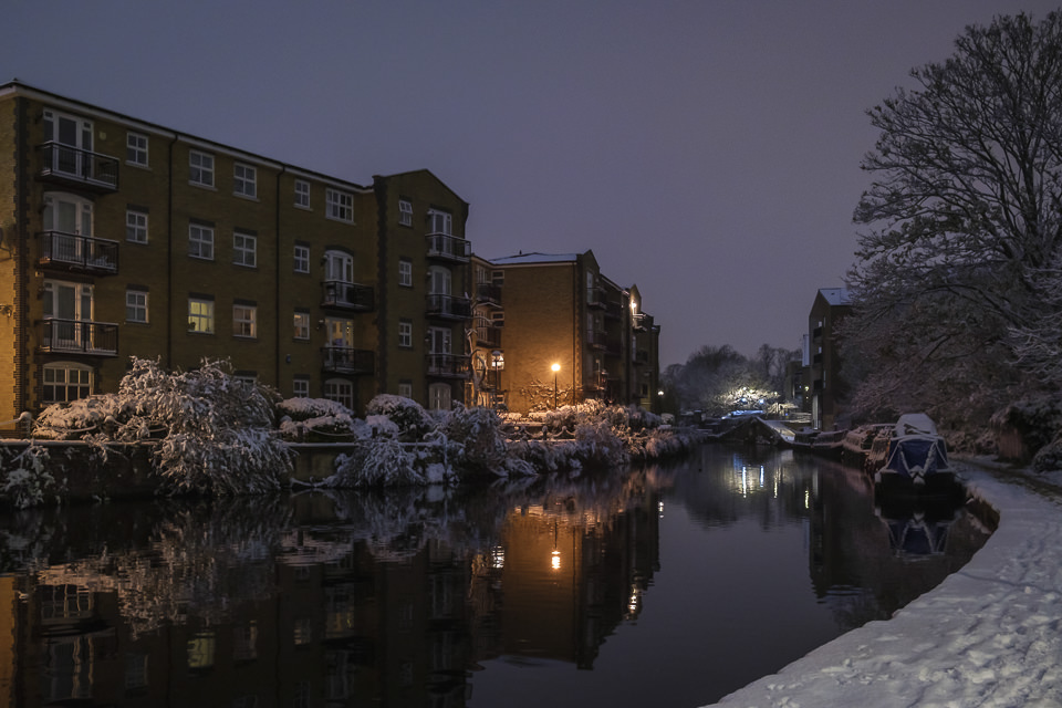Xmas snow in London, Victoria Park, Regent's Canal at night
