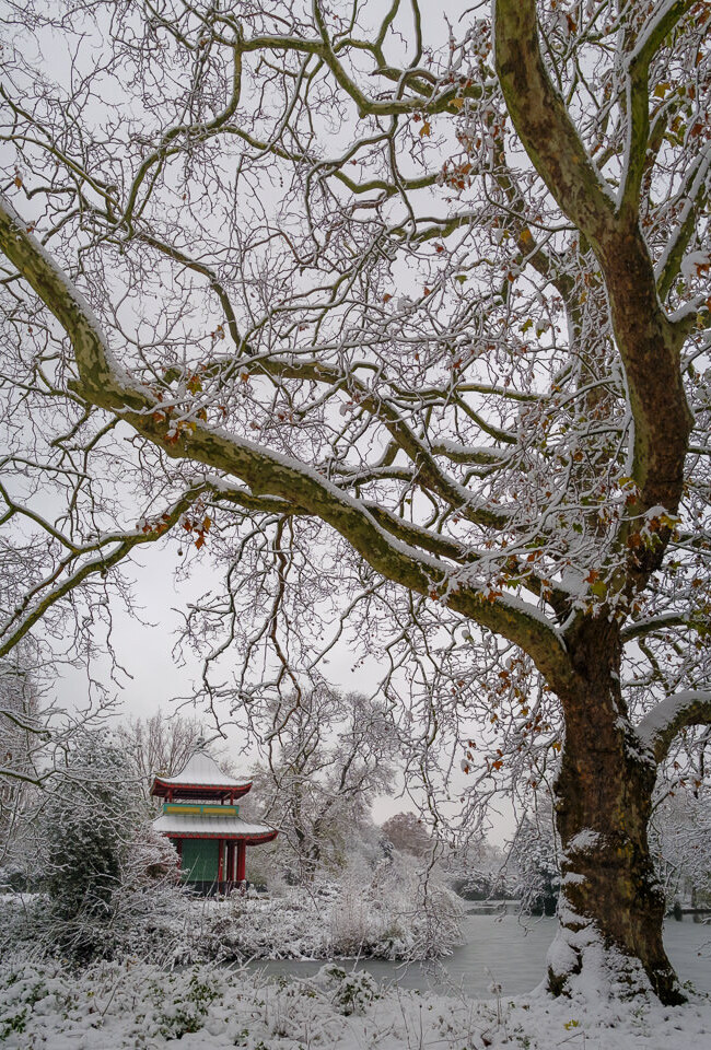 Xmas snow in London, Victoria Park, pagoda