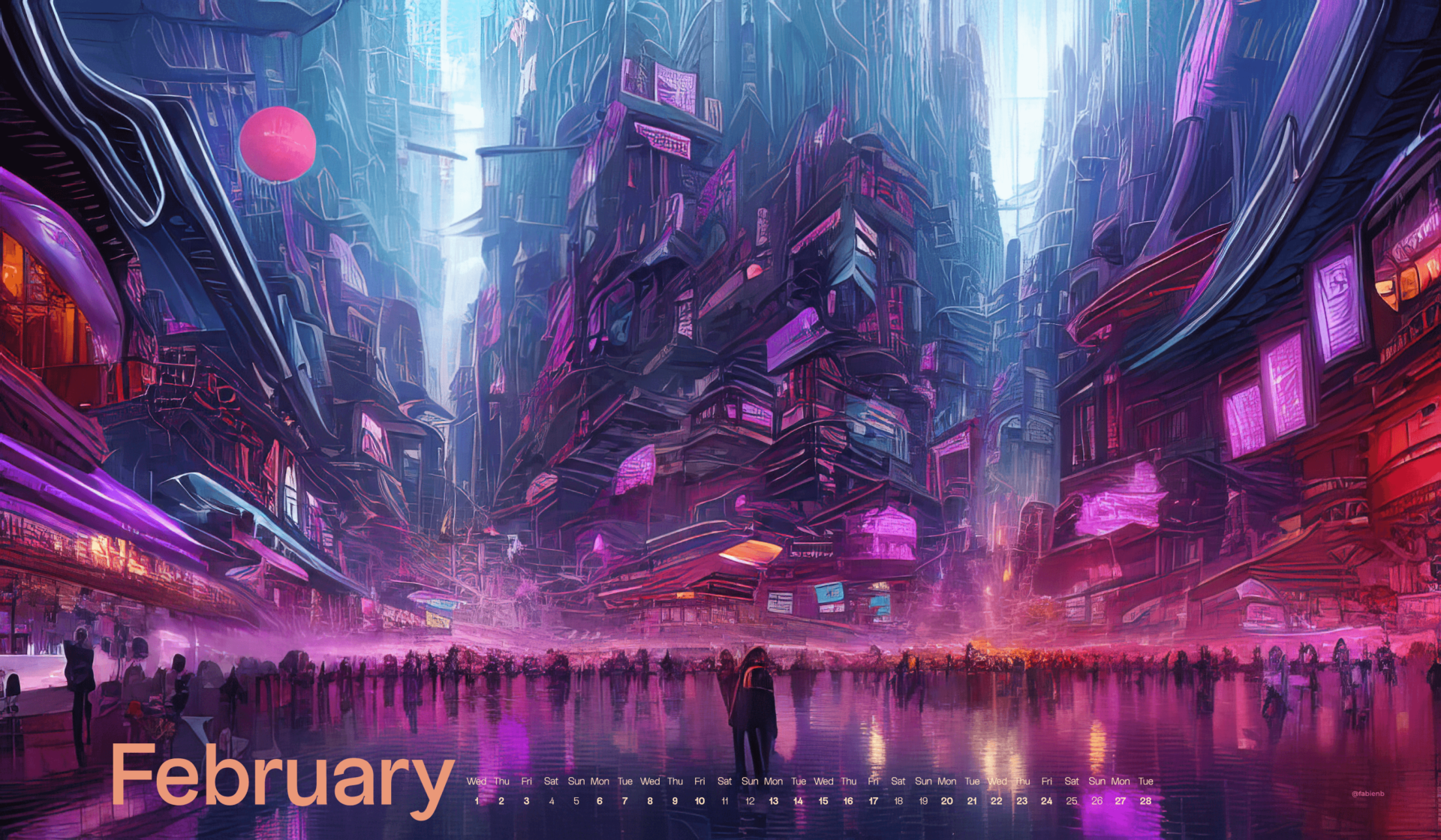 AI Desktop Calendar wallpapers February 2023 Stable Diffusion Midjourney fabienb