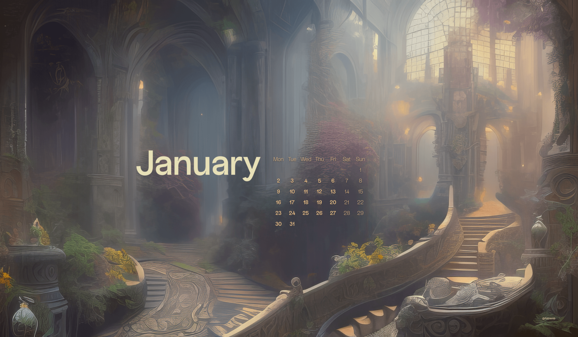 AI Desktop Calendar wallpapers January 2023 Stable Diffusion Midjourney fabienb