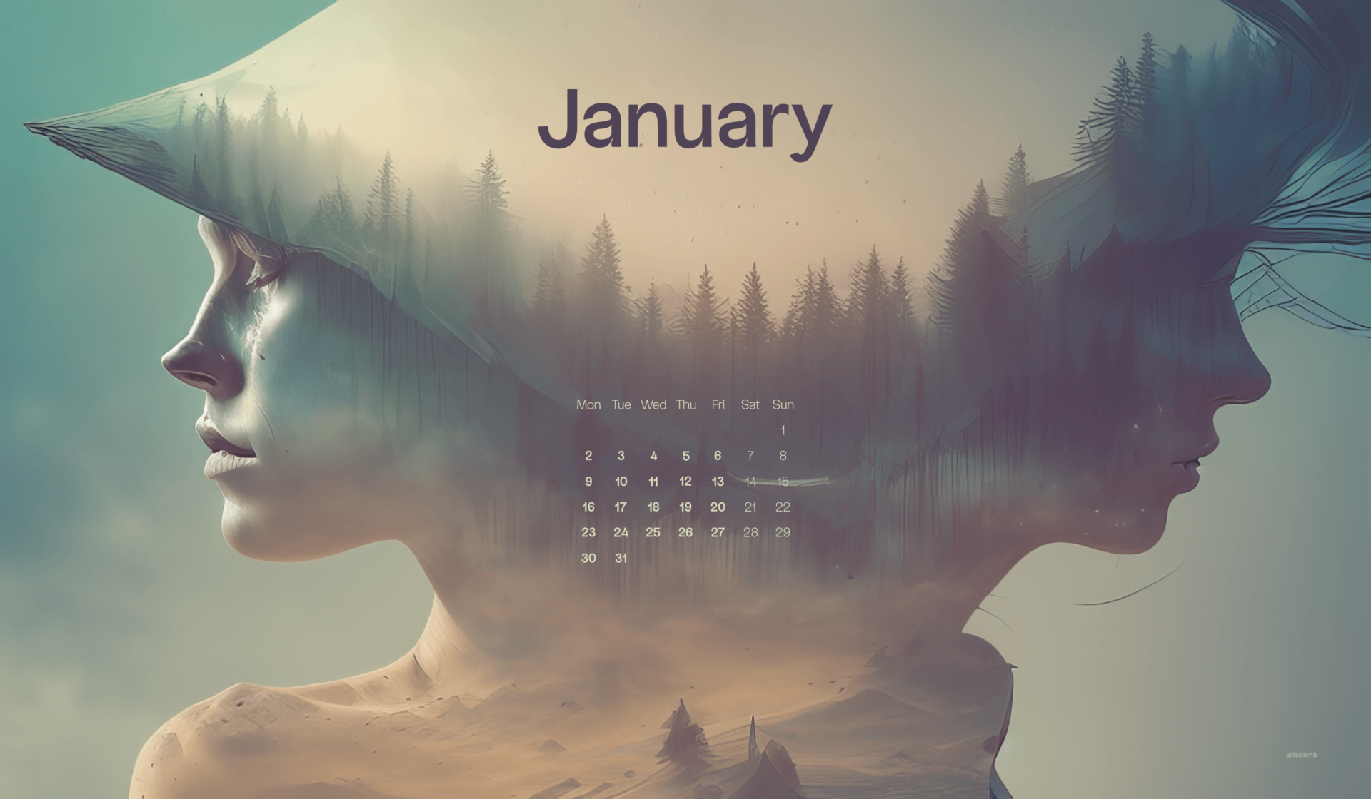 AI Desktop Calendar wallpapers January 2023 Stable Diffusion Midjourney fabienb double exposure