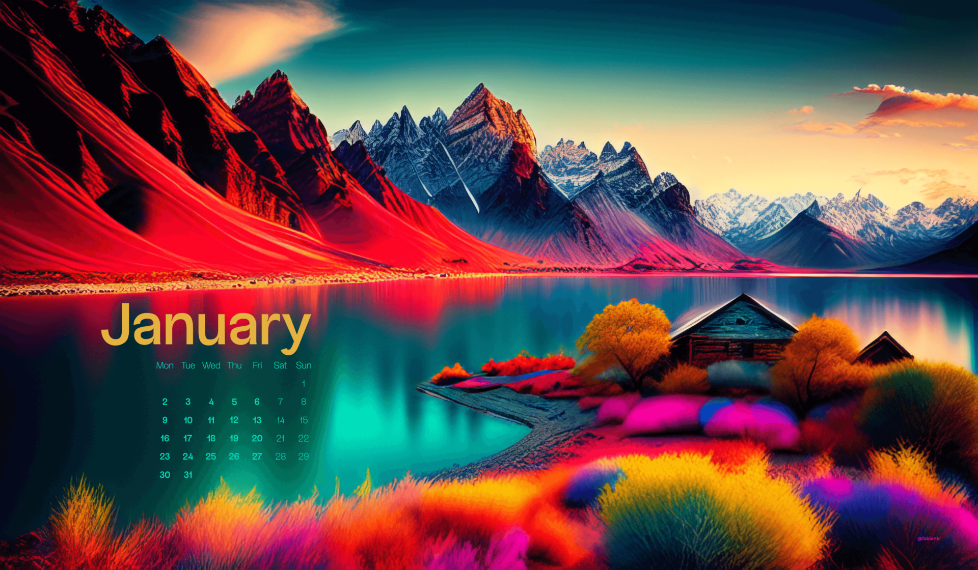 AI Desktop Calendar wallpapers January 2023 Stable Diffusion Midjourney fabienb