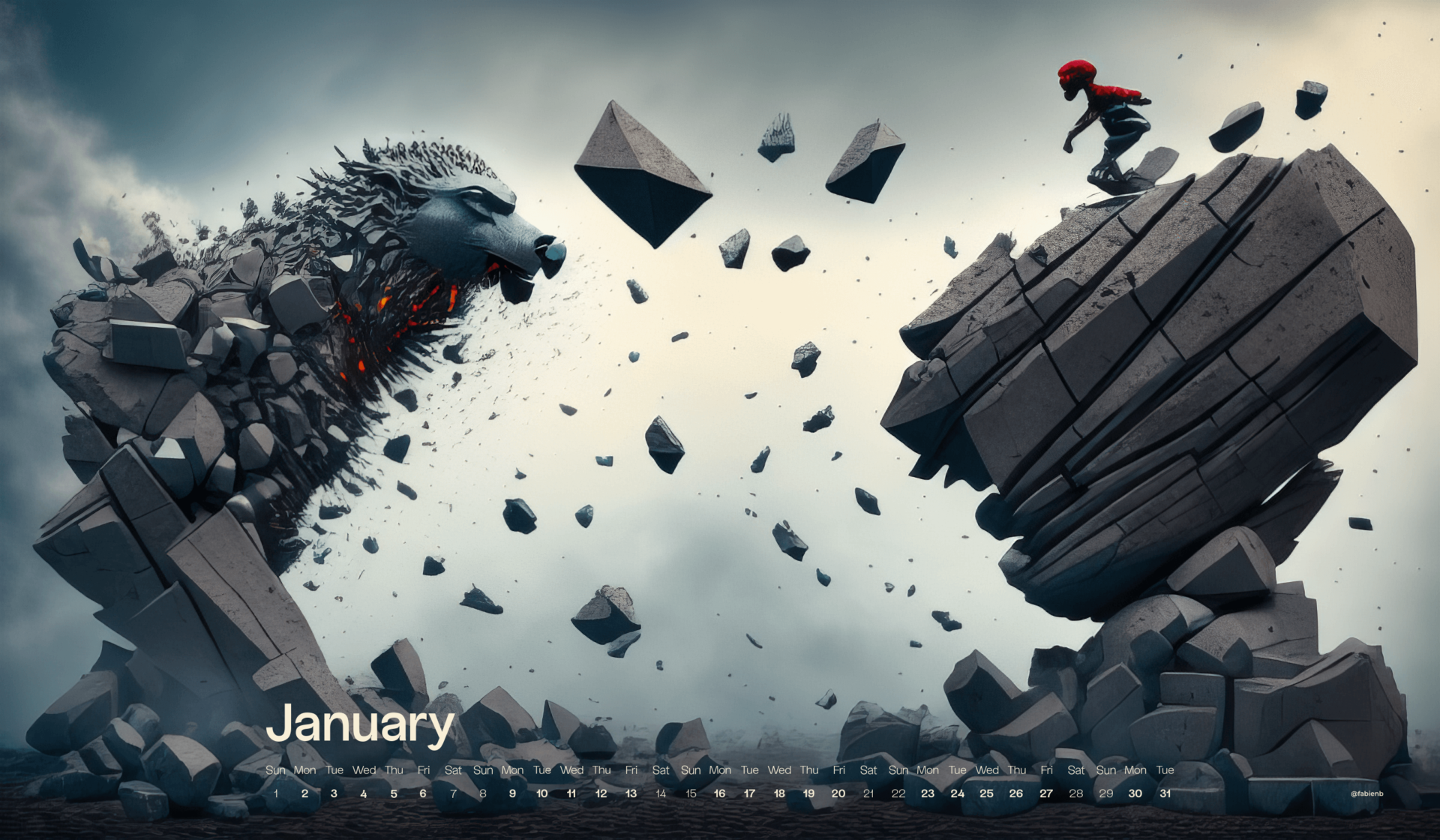 AI Desktop Calendar wallpapers January 2023 Stable Diffusion Midjourney fabienb