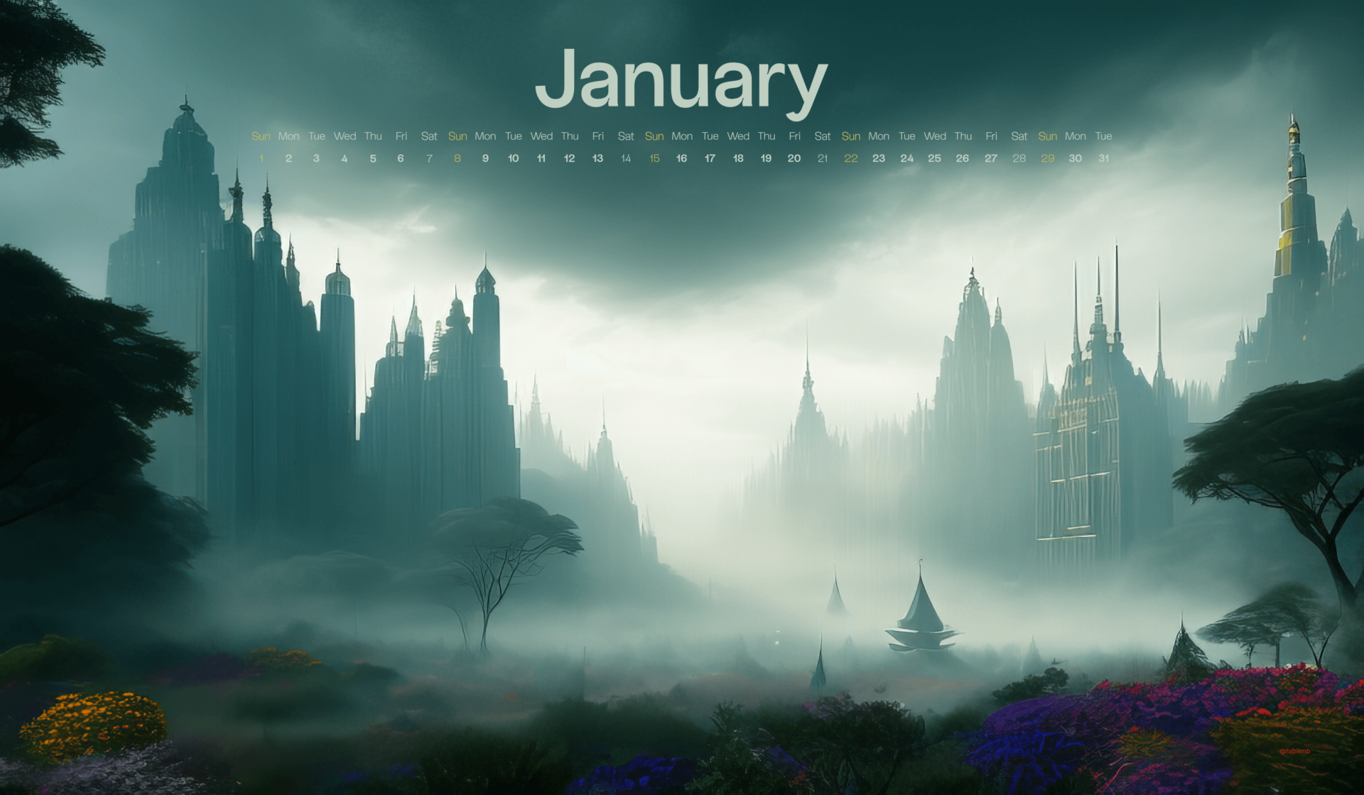 AI Desktop Calendar wallpapers January 2023 Stable Diffusion Midjourney fabienb