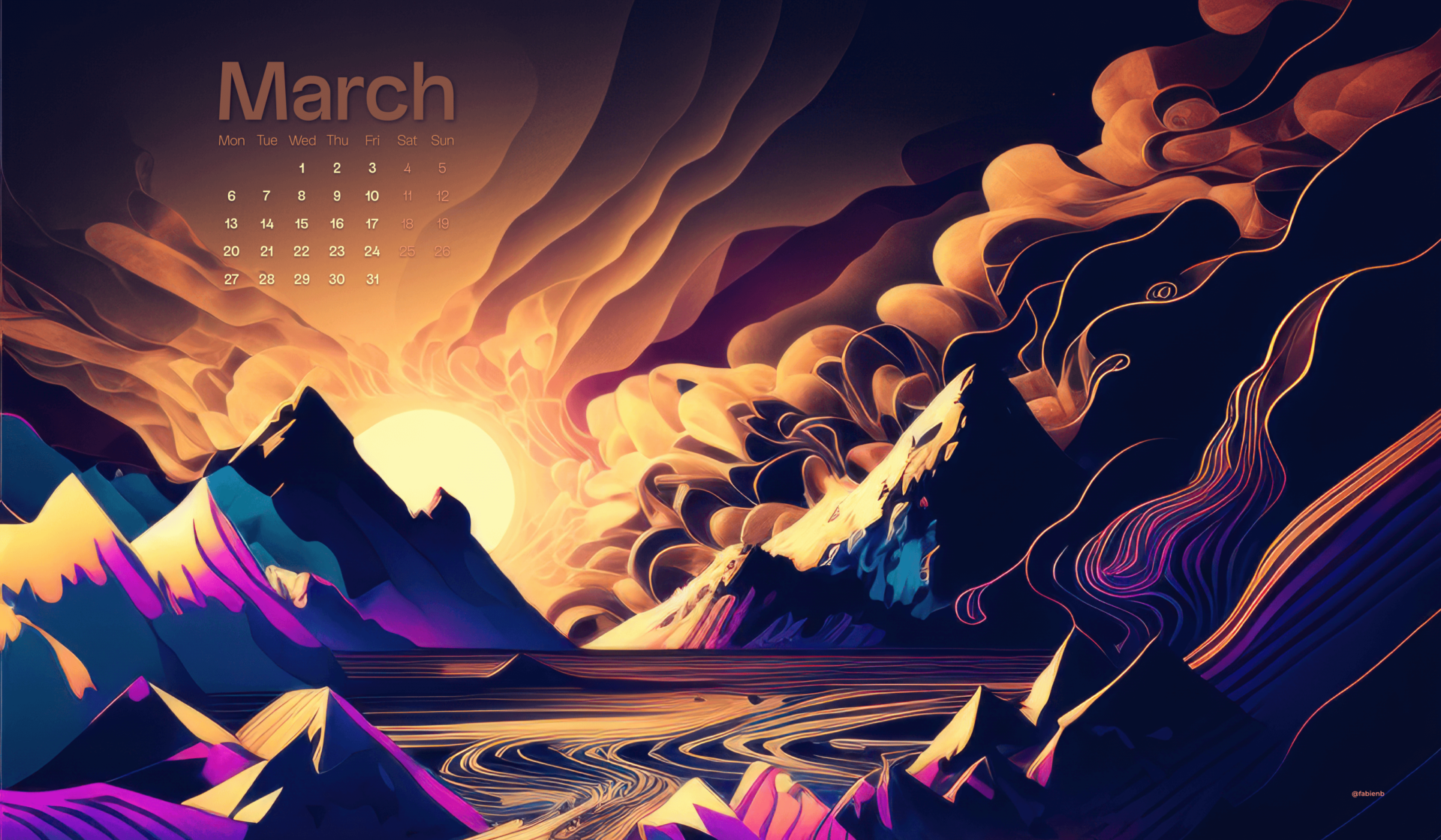 AI Desktop Calendar wallpapers March 2023 Stable Diffusion Midjourney fabienb