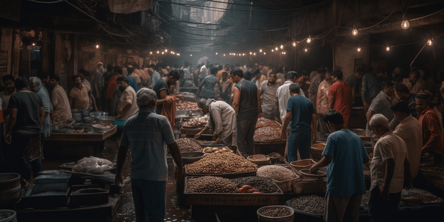 Midjourney ChatGPT formula: a bustling fish market in Mumbai with fishmongers and customers examining the day's catch, captured during the chaotic and colourful hours of midday with a Canon EOS 5D Mark IV DSLR and a 24-70mm f/2.8 lens