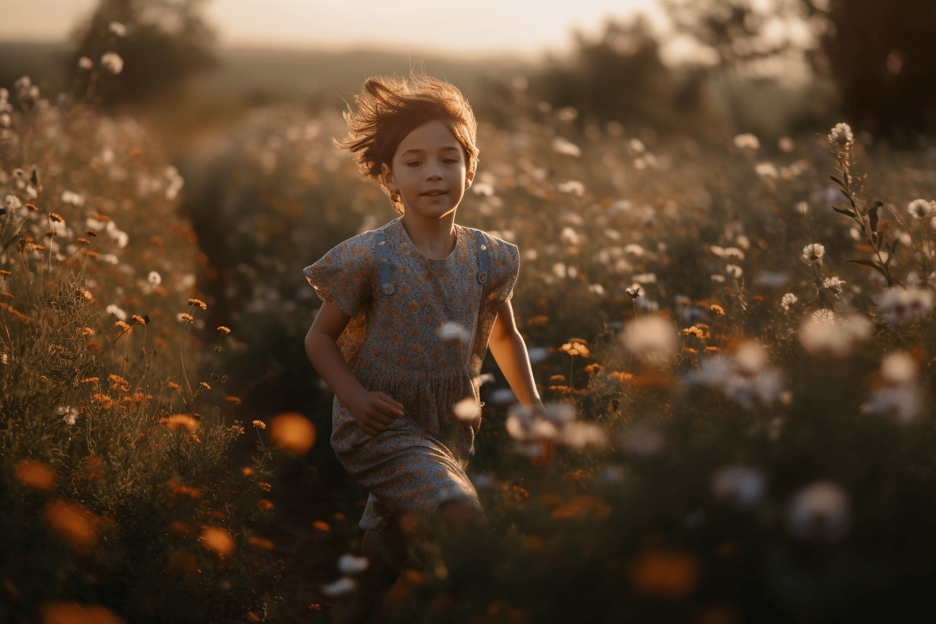 Midjourney ChatGPT formula: a child gleefully running through a field of wildflowers during a warm summer afternoon