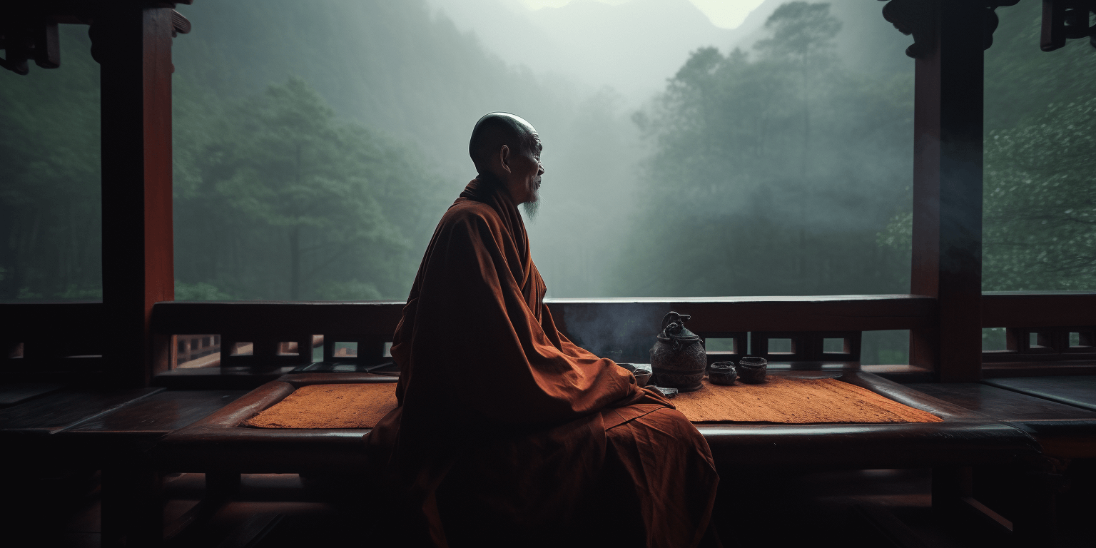 Midjourney formula: a serene Buddhist monk meditating in a temple nestled amidst mist-shrouded mountains in Bhutan