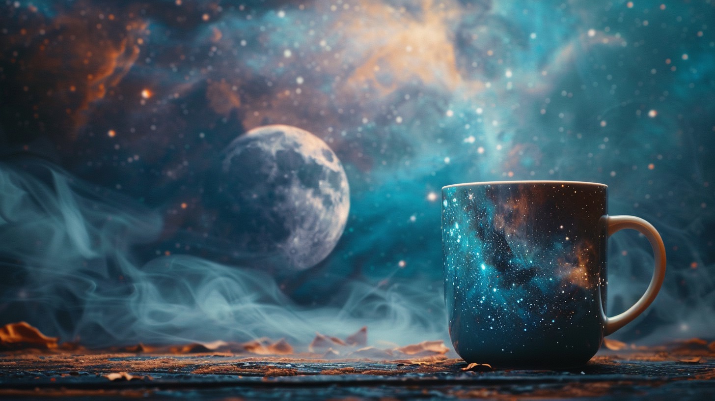 Moon imagery with stardust mug created with Midjourney AI