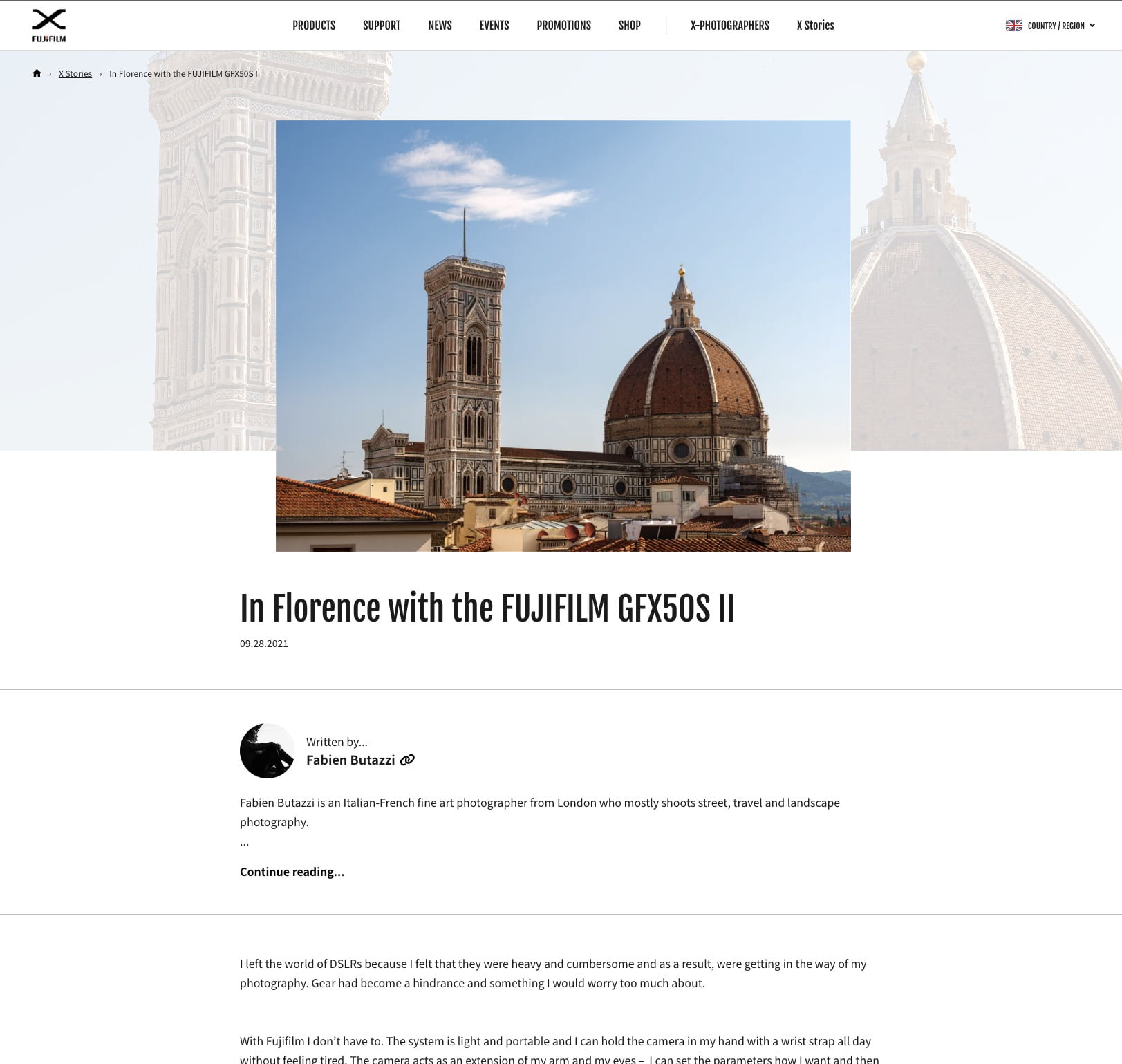 GFX50S II in Florence, screenshot of the article on Fujifilm UK blog