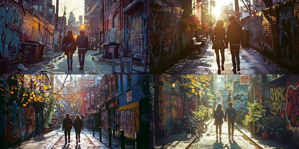Couple walking in graffiti alley (Perplexity) consistent great photos with AI