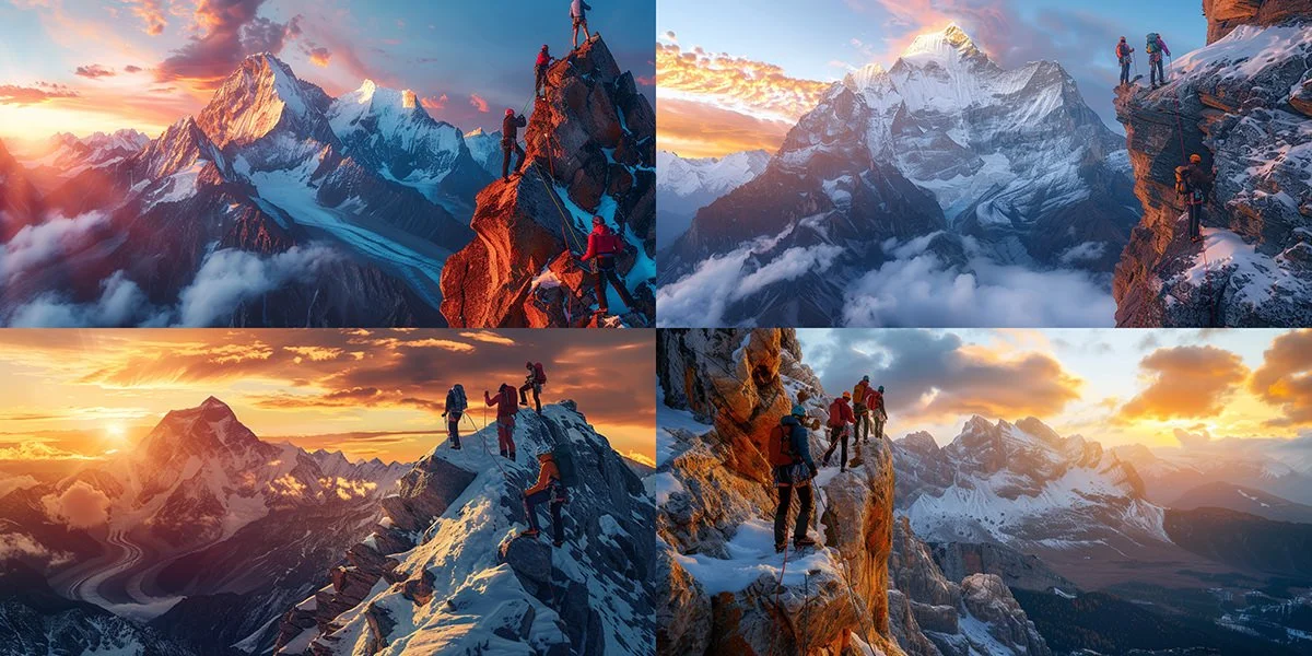 Mountain climbers in snow capped peaks and golden sunlight (Mistral AI) consistent great photos with AI