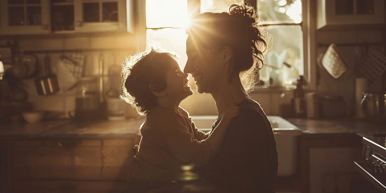 Mother and child intimate laugh (Copilot) consistent great photos with AI