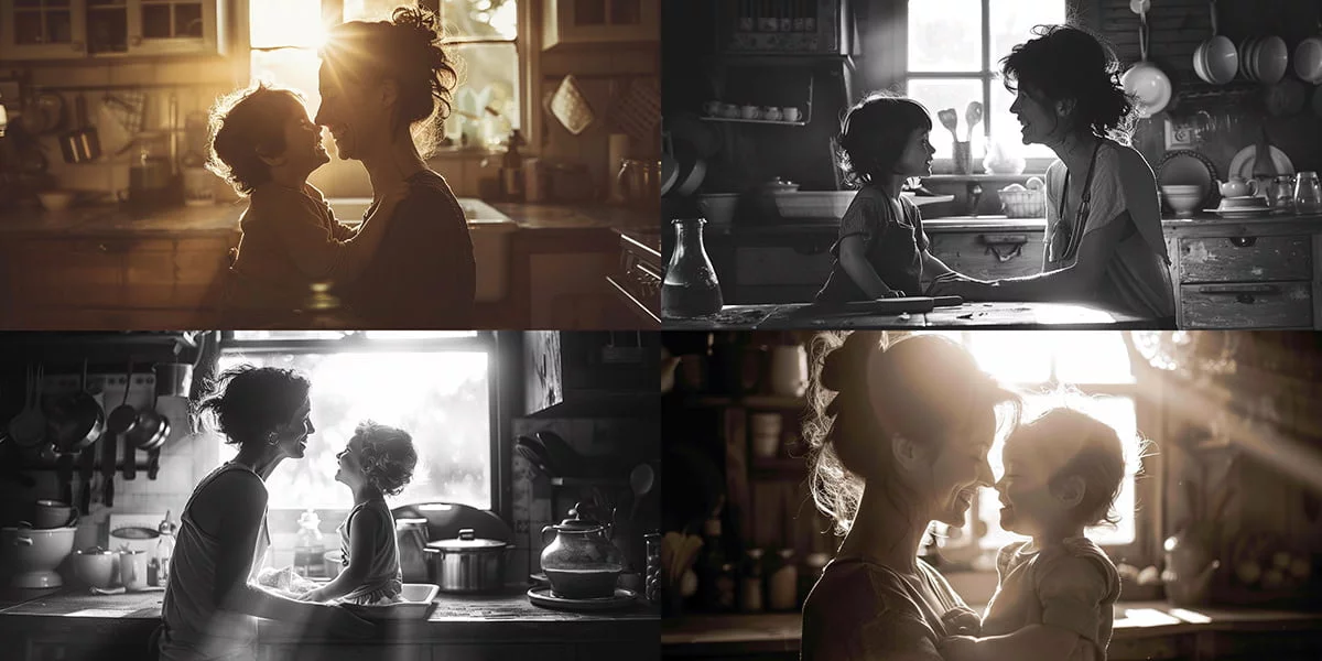 Mother and child intimate laugh (Copilot) consistent great photos with AI
