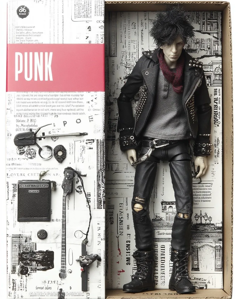 A punk action figure generated with Midjourney v7 by @fabienb.ai